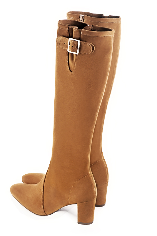 Camel beige women's knee-high boots with buckles. Round toe. Medium block heels. Made to measure. Rear view - Florence KOOIJMAN